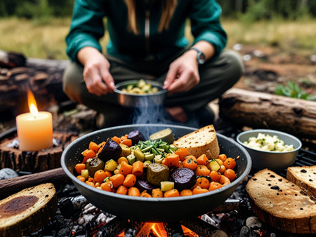 Cooking vegetables in a pan on the fire in the forest.の素材
