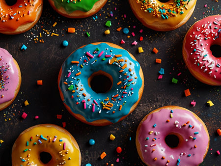 Colorful donuts with sprinkles on dark background, top viewの素材