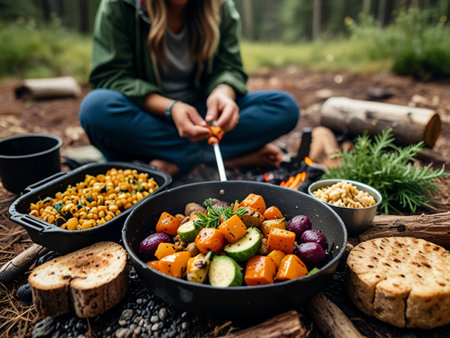 Grilled vegetables in a frying pan on the background of the forest.の素材