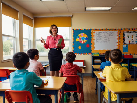 Portrait of female teacher standing in classroom during lesson in elementary schoolの素材