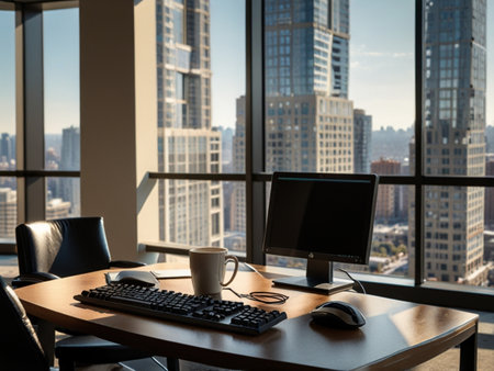 Workplace with computer and cup of coffee in modern office with city viewの素材