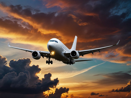 Airplane flying in the sky at sunset. Business travel concept.の素材