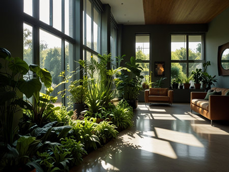 Interior of a modern living room with a large window overlooking the gardenの素材