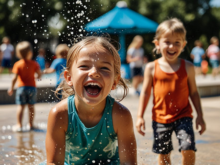 Children having fun in a water fountain on a hot summer day.の素材
