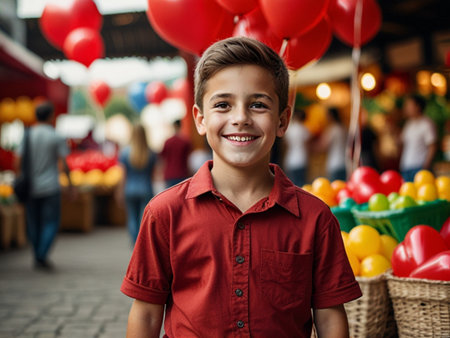 Handsome little boy in red shirt smiling and looking at camera while standing on the marketの素材