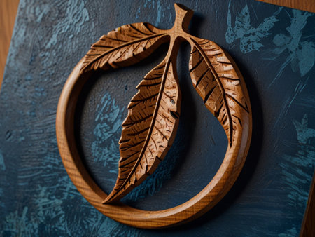 wooden frame with autumn leaves on dark blue background, top viewの素材