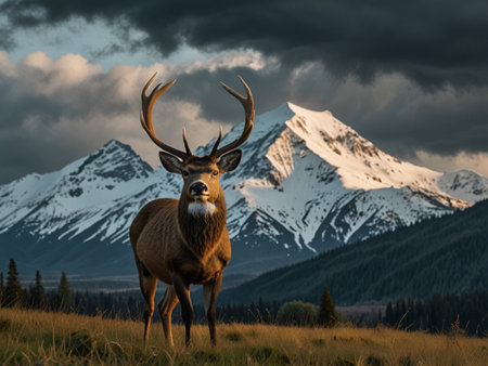 Majestic male deer with big antlers in front of snowy mountains.の素材