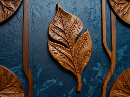 Wooden carved leaves on a blue background. Selective focus.の素材