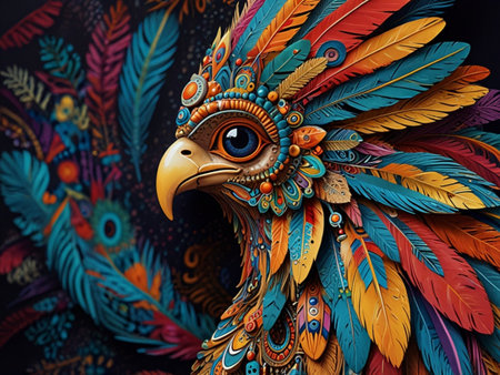 Colorful bird headdress with feathers on a dark background. Close up.の素材