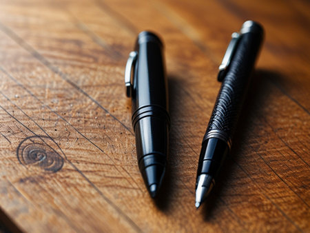 Closeup of two black pens on a wooden table, shallow depth of fieldの素材