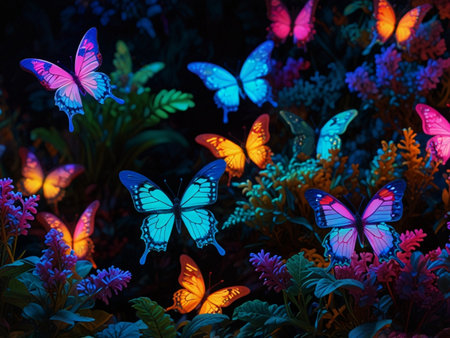 Butterflies and flowers in the garden at night. Selective focus.の素材