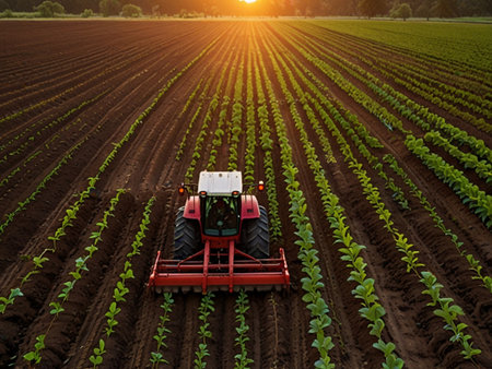 Tractor plowing the field with seedbed cultivator at sunsetの素材