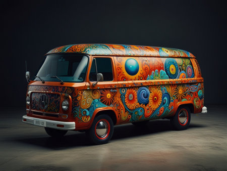 Vintage van with colorful pattern on the body. 3d renderingの素材