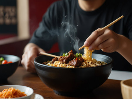 Asian man eating noodle with chopsticks in black bowl on tableの素材