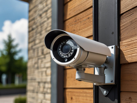 security camera on the wall of a house, closeup of photoの素材