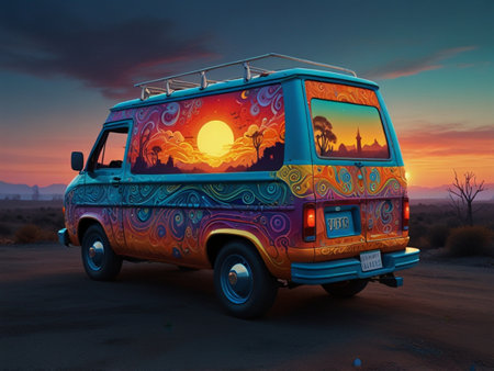 Camper van in the desert at sunset. 3D illustration.の素材
