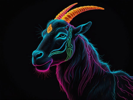 Illustration of a horned goat on a black background, digitally renderedの素材