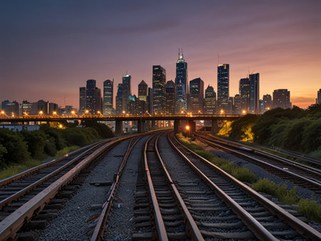 Railway tracks leading to the skyscrapers of Chicago at nightの素材