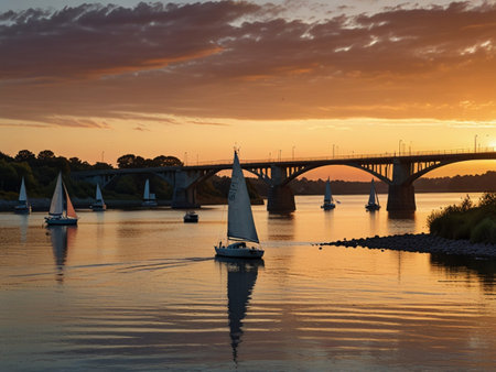 Sunset on the river Dnieper in Kiev, Ukraine.の素材