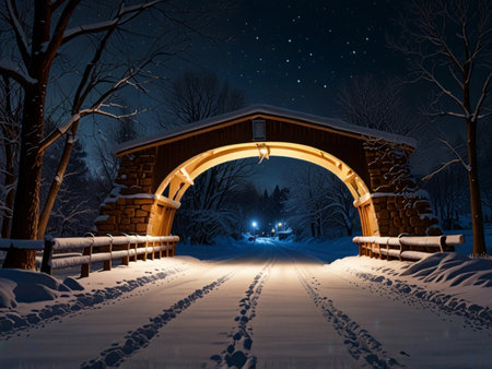Winter night in the park. Beautiful winter landscape with a wooden bridge.の素材