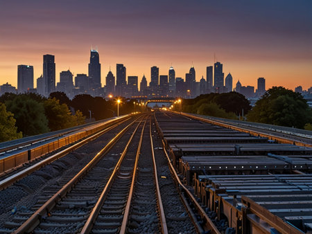 Railway tracks leading to Chicago skyline at sunset, Illinois, USAの素材