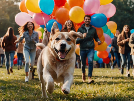 happy friends with balloons and golden retriever dog running in autumn parkの素材