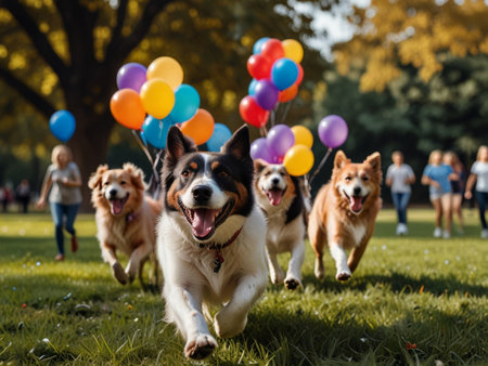 Group of happy Welsh corgi dogs running with colorful balloons in parkの素材