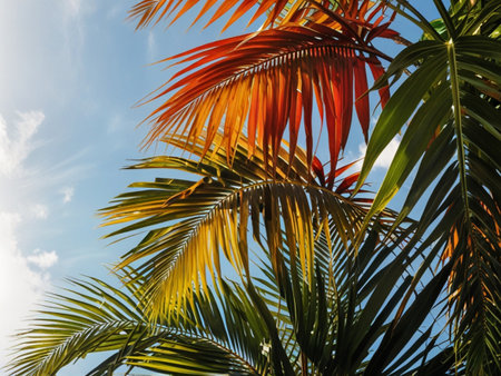 Palm leaves against the blue sky with clouds. Tropical background.の素材