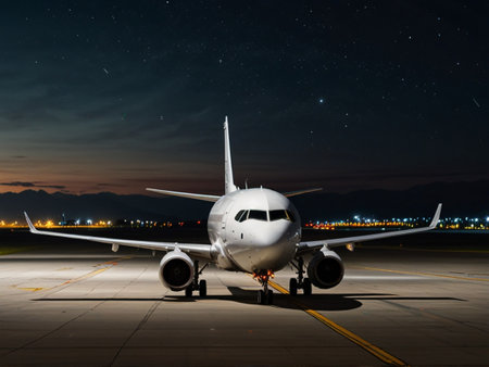 Airplane on the runway at night with starry sky background.の素材