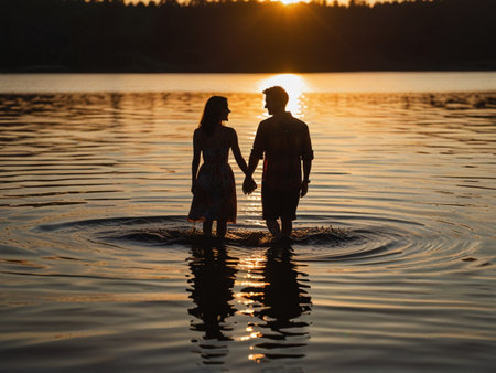 Young couple in love holding hands and walking on the water at sunsetの素材