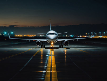 Airplane on the runway at night with city lights in the backgroundの素材