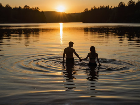Silhouette of a man and a woman are swimming in the lake at sunsetの素材