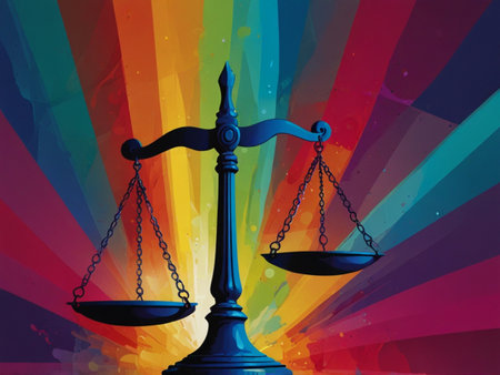 Vintage scales of justice on rainbow background. Justice and law conceptの素材