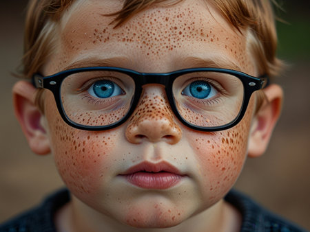 Portrait of a little boy with blue eyes and glasses. Close-up.の素材