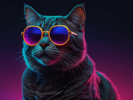 Portrait of a beautiful cat with sunglasses on a dark background.の素材