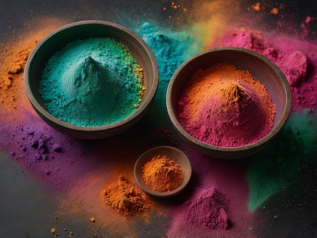 Colorful holi powder in bowls on black background, selective focusの素材