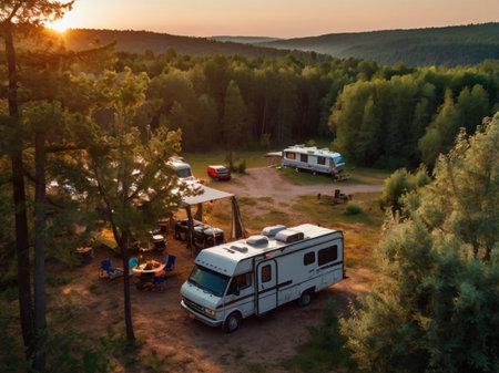 Camper van in the forest at sunset. Aerial view of motor home.の素材