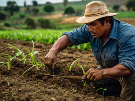 Farmer working in a corn field, Young man planting corn seedlingの素材