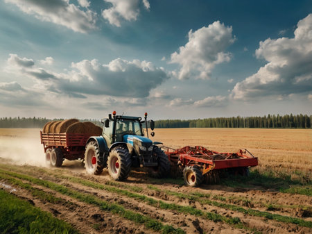 Agricultural tractor plowing the field with hay bales.の素材