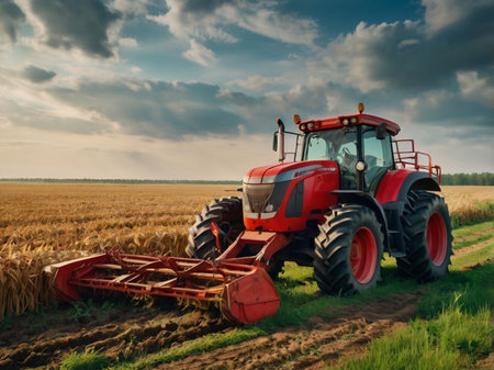 Agricultural tractor working on a wheat field. Tractor with a seeder.の素材