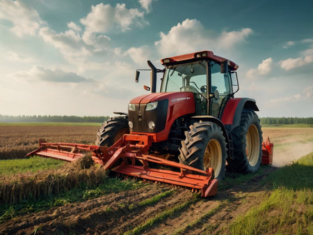 Farmers use agricultural machinery to harvest rice in the fieldsの素材