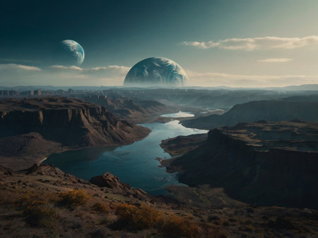 fantasy alien planet. mountain and lake. 3D illustration.の素材