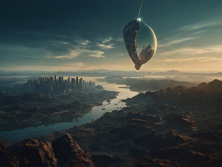 Fantasy landscape with planet floating in the sky. 3d renderingの素材