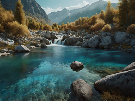 Mountain river with clear blue water and autumn forest on the backgroundの素材