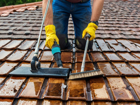 Roofer cleaning the roof with a brush. Roofing services.の素材