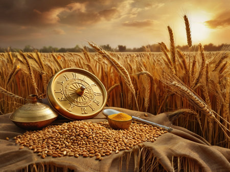 Wheat ears and vintage clock on the background of a wheat fieldの素材