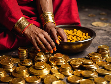 Indian woman hands with gold coins in a bowl on a dark backgroundの素材