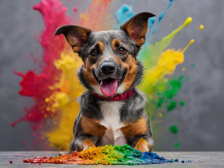 Funny mixed breed dog with colorful paint splashes on gray backgroundの素材