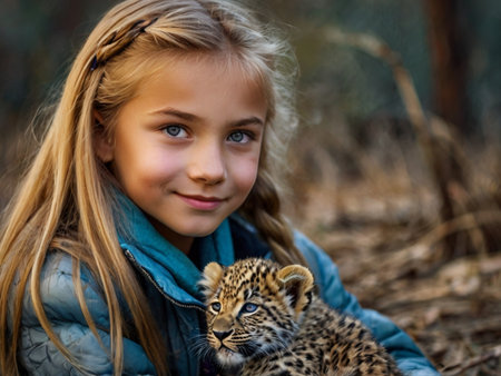 Portrait of a little girl with a leopard cub in the forestの素材