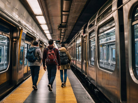 People walking on the platform of a train station. Back view.の素材